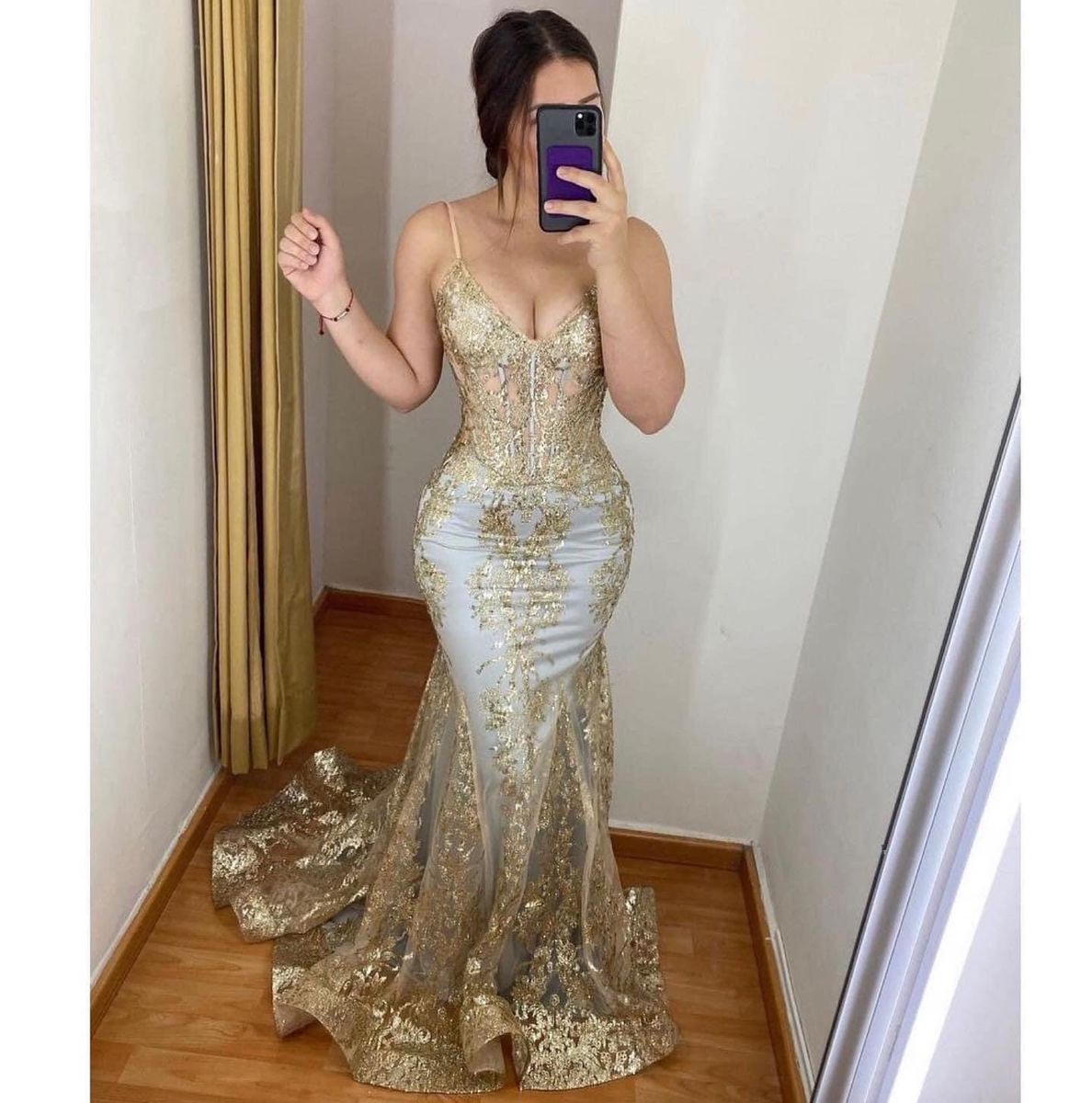 Classy Mermaid Spaghetti Straps Gold Sequin Inspo For Black Women Girls Formal Party Gowns Long Prom Dresses AB1779