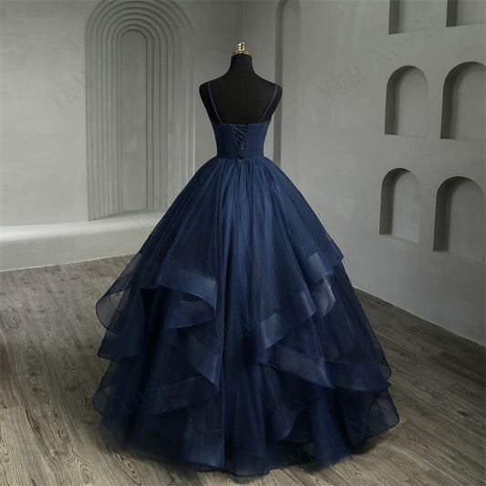 New Boho Navy Blue Quinceanera Dresses Ruffles V neck Spaghetti Straps Simple Party Sexy Prom Dresses AB688