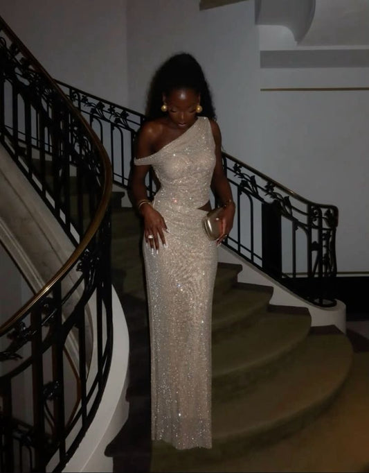 Sparkly Mermaid One Shoulder Ivory Sequin With Slit Prom Dresses Inspiration Bodycon Evening Gowns For Women Formal Party Dress AB1199