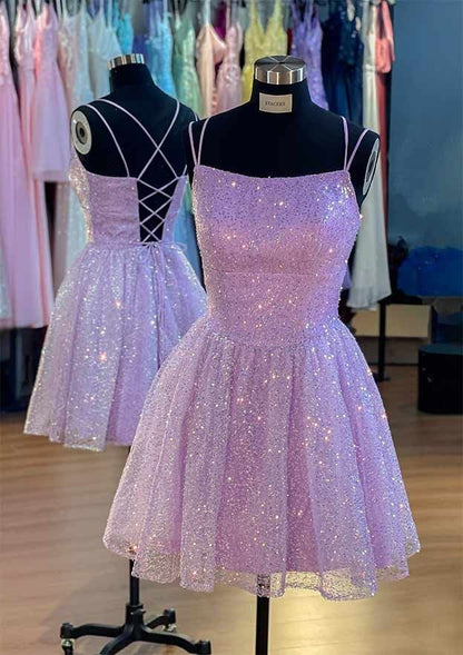Sweet Ball Gown Spaghetti Strap Lilac Sleeveless Sequin Short Mini 16th Birthday Dresses Hoco Outfits N1907