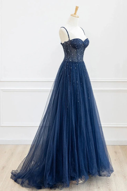 Stylish Navy Blue Spaghetti Straps Tulle Beading Prom Dress Evening Formal Dresses Vestidos De Dia AB516