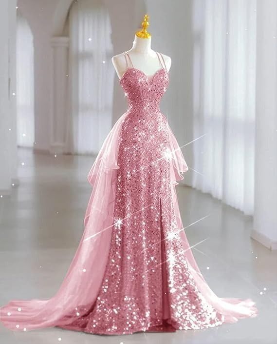 Luxury Evening Dresses Train Bride Beach Party Gold Sequins Douber Straps Prom Dresses Formal Gowns AB520