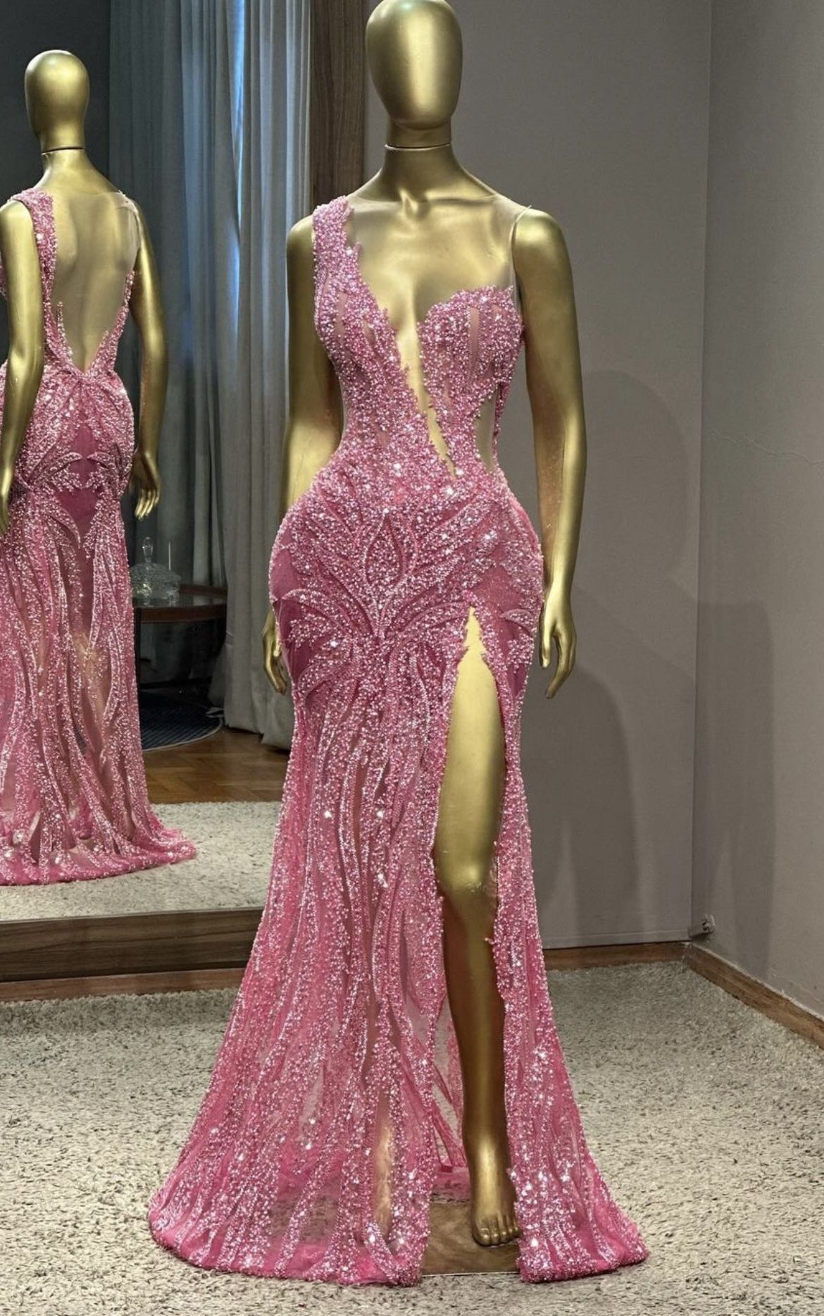 Stunning Mermaid Scoop Neck Pink Slit Sequin Prom Dresses Inspiration Prom Dress Princess Graduation Dress B425