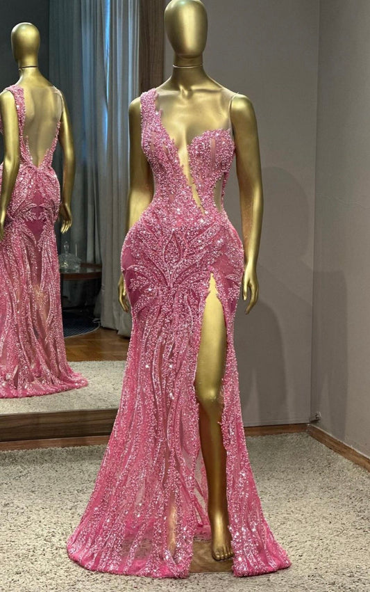 Stunning Mermaid Scoop Neck Pink Slit Sequin Prom Dresses Inspiration Prom Dress Princess Graduation Dress B425