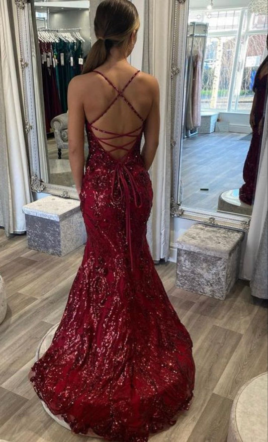Glitter Mermaid Spaghetti Straps Burgundy Sequins Long Prom Dresses Party Dress For Women AB1478
