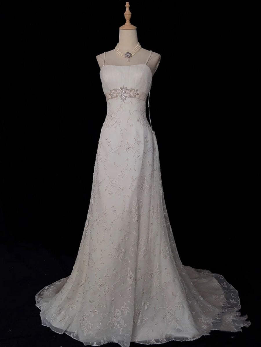 Retro 1950s Wedding Dresses for Bride A line Spagehtti Straps With Silver Beads Lace Petite/Plus Size Bridal Gowns for Spring Summer Wedding AB1478