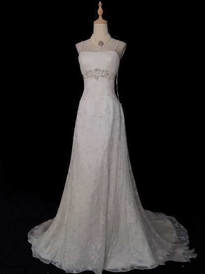 Retro 1950s Wedding Dresses for Bride A line Spagehtti Straps With Silver Beads Lace Petite/Plus Size Bridal Gowns for Spring Summer Wedding AB1478