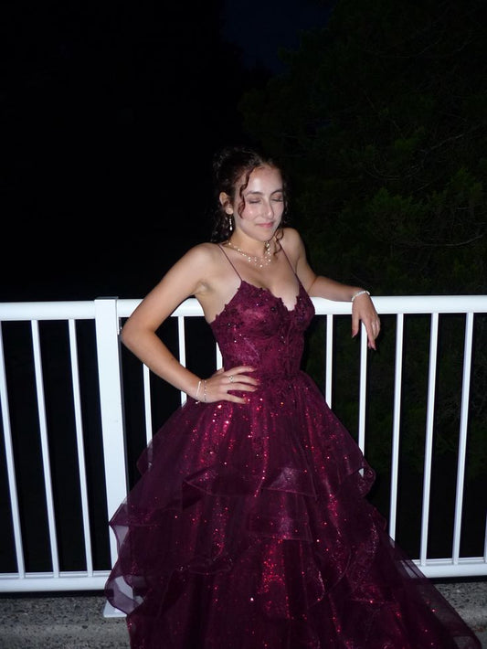 Charming Ball Gown Spaghetti Strap Grape Tulle Long Prom Dresses Inspiration Evening Gowns Formal Party Prom Dress N216