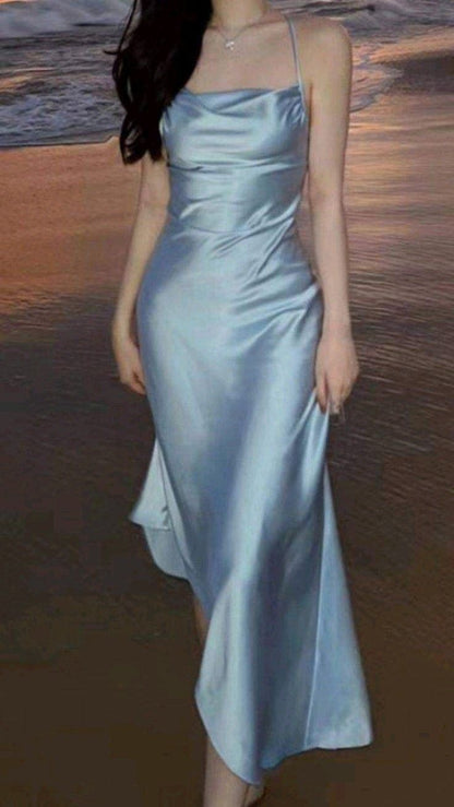 Modest A Line Spaghetti Strap Blue Silky Satin Long Summer Beach Black Tie Prom Dresses Spring Wedding Guest Dress N1398