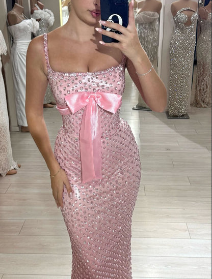 New Arrive Elegant Pink Sequin Long Party Dress Prom Dresses Mermaid Bodycon For Women N4079