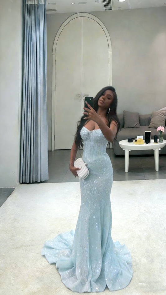 Sexy Prom Dresses 1950s Mermaid Spaghetti Straps Light Sky Blue Sequins Long Parties Gowns Evening Dress AB2183