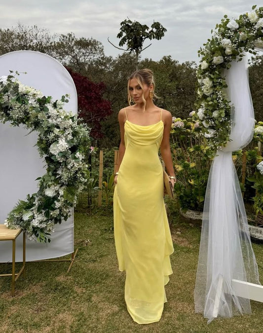 Simple A Line Ruffles Decoration Long Prom Dress Women Spaghetti Strap Yellow Chiffon Sleeveless Vacation Wedding Guest Gown N252