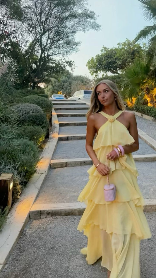 Sexy A Line Halter Yellow Chiffon Evening For Women Party Dresses Long Formal Prom Dress 18th Birthday Gown AB1289