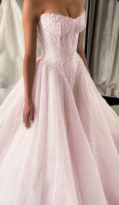 Elegant Ball Gown Strapless Sleeveless Tulle Sequins Long Bride Dress Long Bride Dress Classy Wedding Dresses AB554