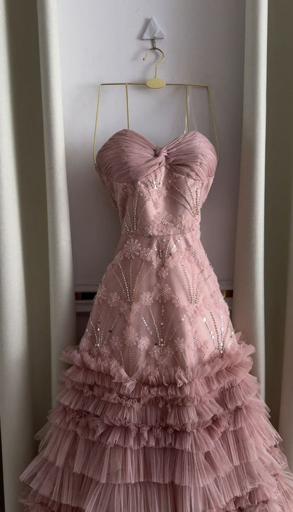 Ball Gown Sweetheart Tiered Ruffled Tulle Long Prom Dress Pink Evening Dresses Sweet 15 16 Gown AB1755