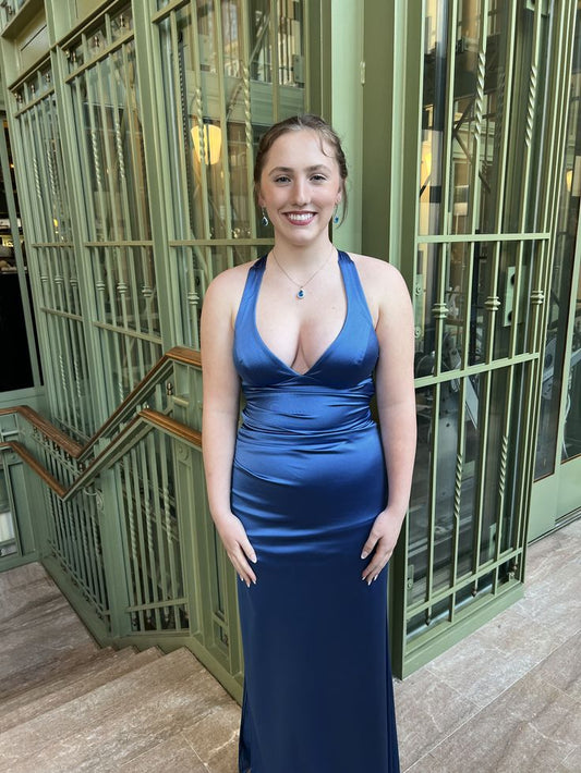 Stunning Prom Dresses Mermaid V Neck Navy Blue Satin Long Formal Dress N2492