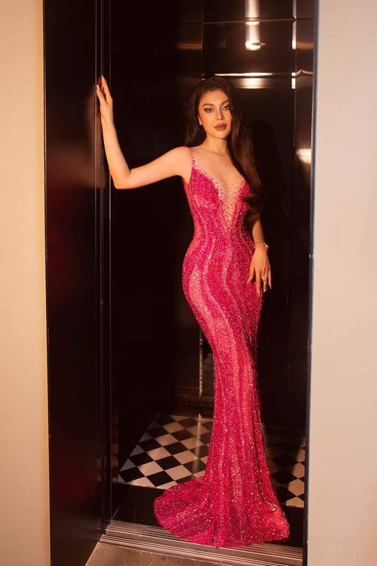 Mermaid Prom Dresses Spaghetti Straps Sexy Special Dress Sequins Hot Pink Party Gowns AB363