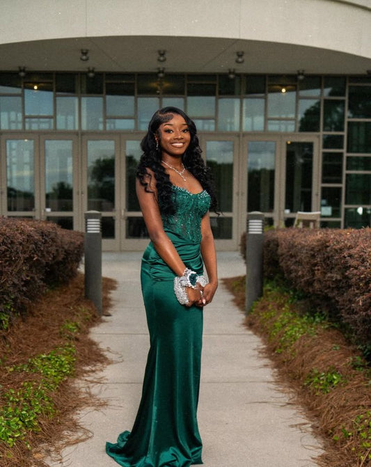 Sexy Prom Dresses Impress Mermaid Spaghetti Straps Green Satin With Beads Semi Formal Graduation Party Dress For Teens High Schools AB1948