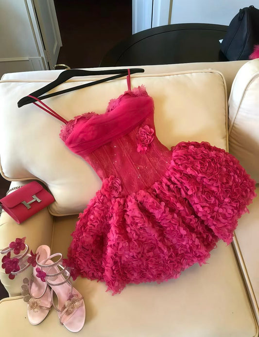 Simple Ball Gown Spaghetti Straps Hot Pink Short Inspo Hoco Dress Homecoming Dresses RB4169