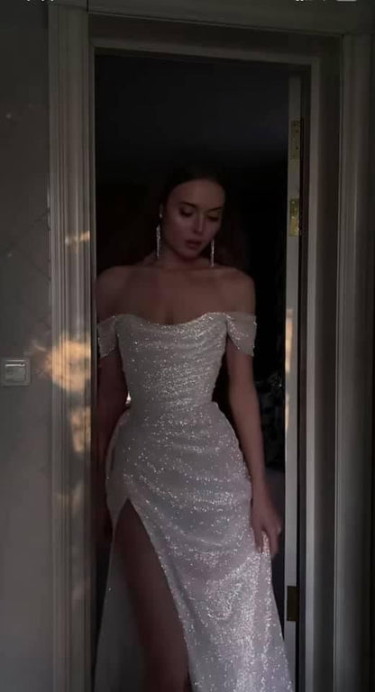 Beige Off Shoulder Mermaid Sequin Long Prom Dresses Elegant Evening Gowns with Slits AB651