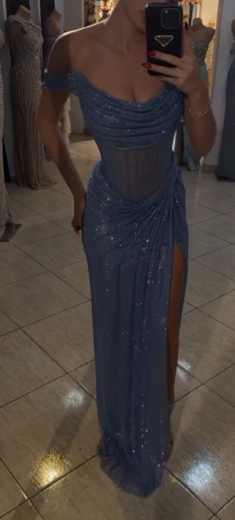 Sparkly Mermaid Off The Shoulder Blue Sequin Long Slit Evening Party Gowns Evening Dress Special Formal Dresses Prom Dress AB653