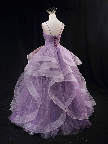 Purple Prom Dress Ball Gown Spaghetti Strap Tulle Sequin Long Formal Gown Evening Dresses For Teens Formal N038