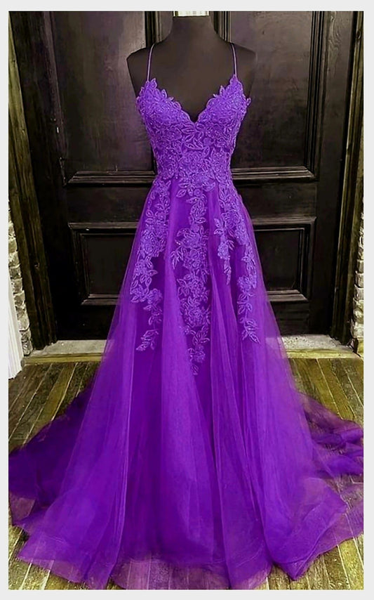 Vintage A line Spaghetti Strap Purple Lace Long Prom Dresses Senior Graduation Dance Evening Outfits N038