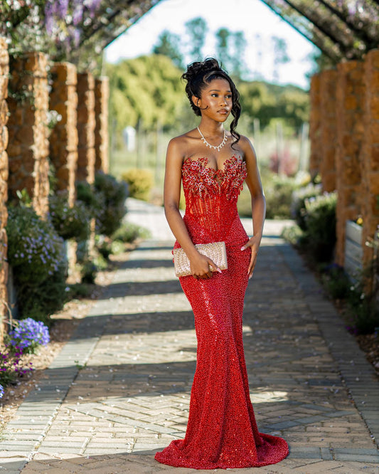 Sparkly Strapless Red Long Party Dress Prom Dresses Sequin Mermaid Bodycon For Black Girls Women N4095