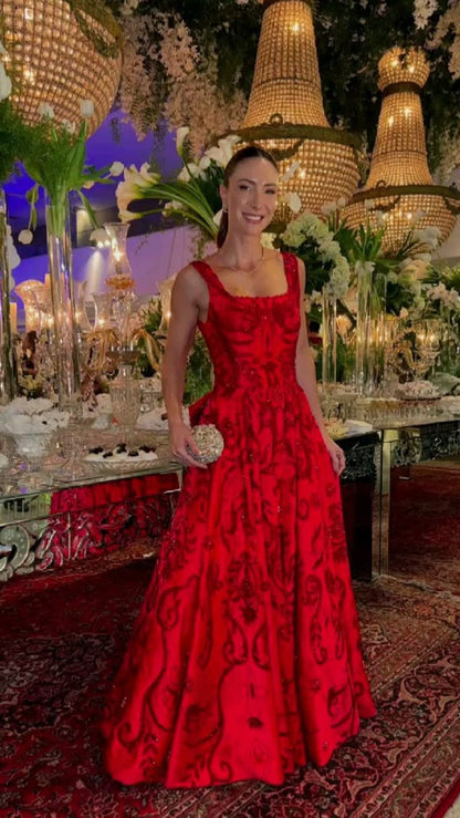 Gorgeous A line Square Neck Dark Red Satin Bodice Prom Dresses Long Formal Party Gown AB384