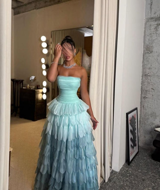 Sexy Ball Gown Strapless Blue Multi Layers Long Prom Dress Formal Party Prom Dresses AB410