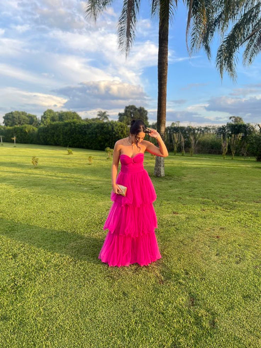 Sexy Ball Gown Sweetheart Basque Waist Corset Ruffle Hot Pink Tulle Long Formal Party Prom Dresses AB379