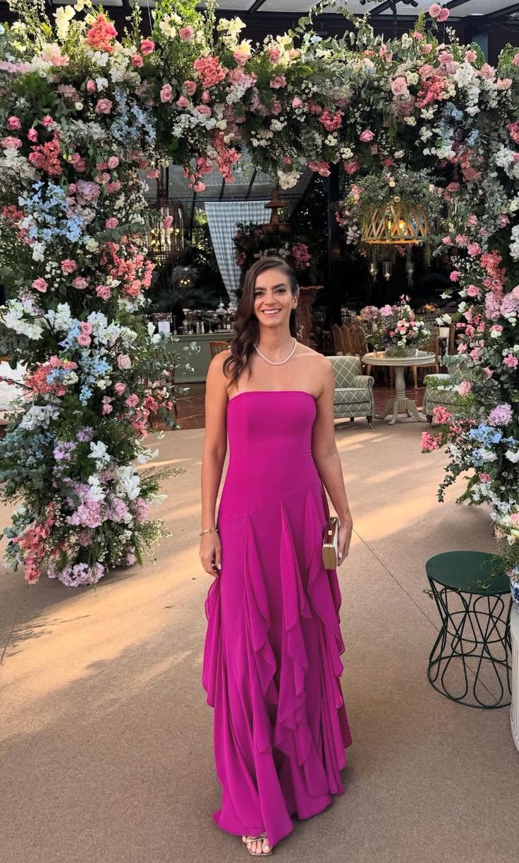 Gorgeous A line Strapless Sleeveless Fuchsia Chiffon Multi Layers Bodice Prom Dresses Long Formal Party Gown AB386