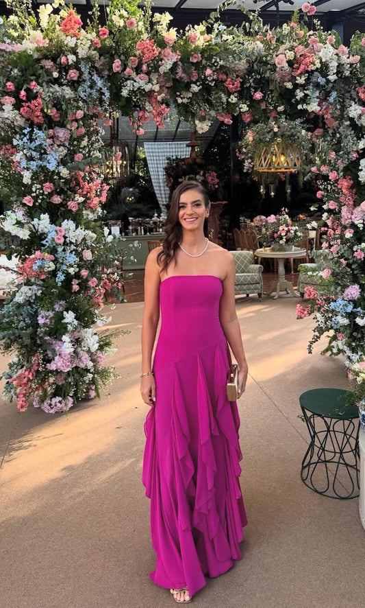 Gorgeous A line Strapless Sleeveless Fuchsia Chiffon Multi Layers Bodice Prom Dresses Long Formal Party Gown AB386