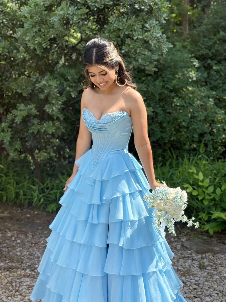 Attractive Ball Gown Basque Waist Corset Ruffle Blue Slit Prom Dresses AB377
