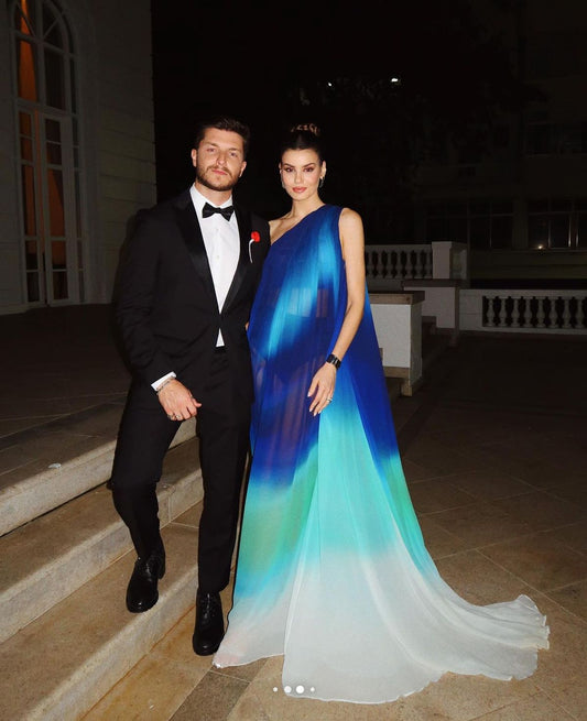 Modest A line One Shoulder Chiffon Multi Ombre Color Green Blue Senior Prom Dresses Long Formal Party Gown AB389