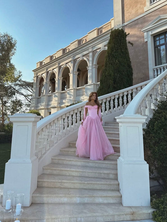 Modest A line Off The Shoulder Pink Chiffon Floor Length Senior Prom Dresses Long Formal Party Gowns AB405