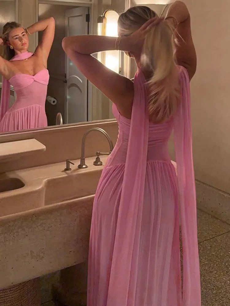 Scarf Collar Backless Sexy Maxi Prom Dress For Women Gown Pink Strapless Evening Dress AB1648