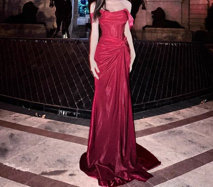 Elegant Pleated Satin Formal Mermaid Evening Dress,Fahsion Graudation Prom Dresses With Off-The-Shoulder N1870
