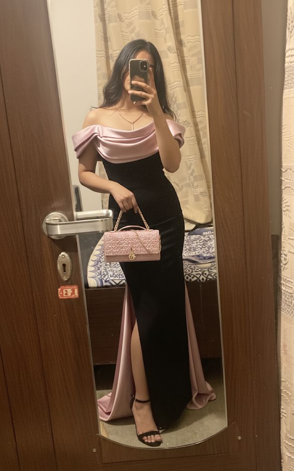 Elegant Mermaid Off The Shoulder Black Pink With Sleeves Long Formal Fancy Prom Dress Dinner Outfits Classy Party Gowns N224
