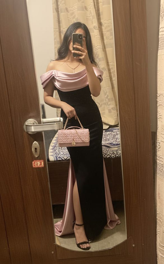 Elegant Mermaid Off The Shoulder Black Pink With Sleeves Long Formal Fancy Prom Dress Dinner Outfits Classy Party Gowns N224