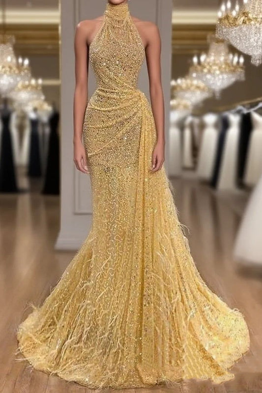 Yellow Evening Dress Long High Neck Sparkly Feather Luxury Bling Evening Gown Formal Prom Dress AB1662