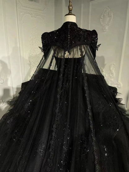 Modest Ball Gown Strapless Black Appliques Tulle Long Quinceanera Dresses Sexy Quinceanera Gowns Sweet 16 Dress B255