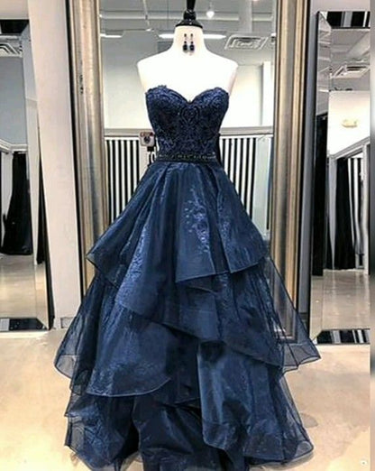 Modest Ball Gown Sweetheart Navy Blue With Silver Beads Prom Dresses Long Sweet 16 Birthday Party Dress Evening Dresses AB1131