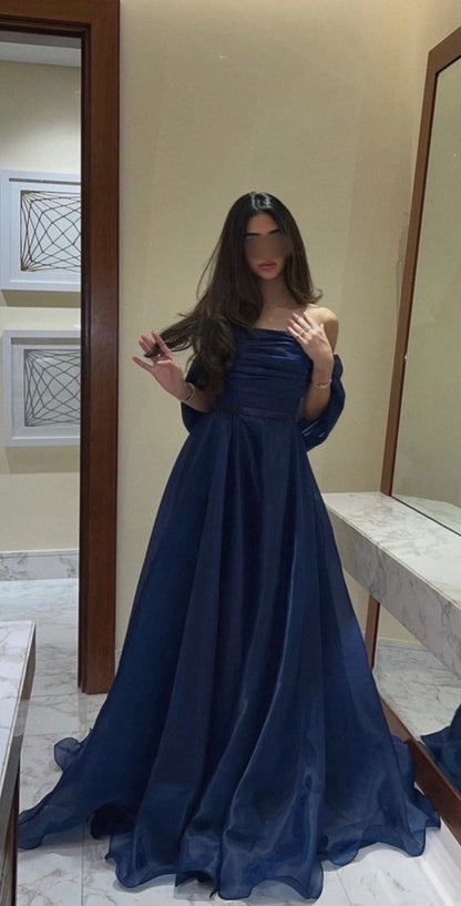 Modest Navy Blue Organza A-line Evening Prom Dresses Long Formal Party Gowns AB696