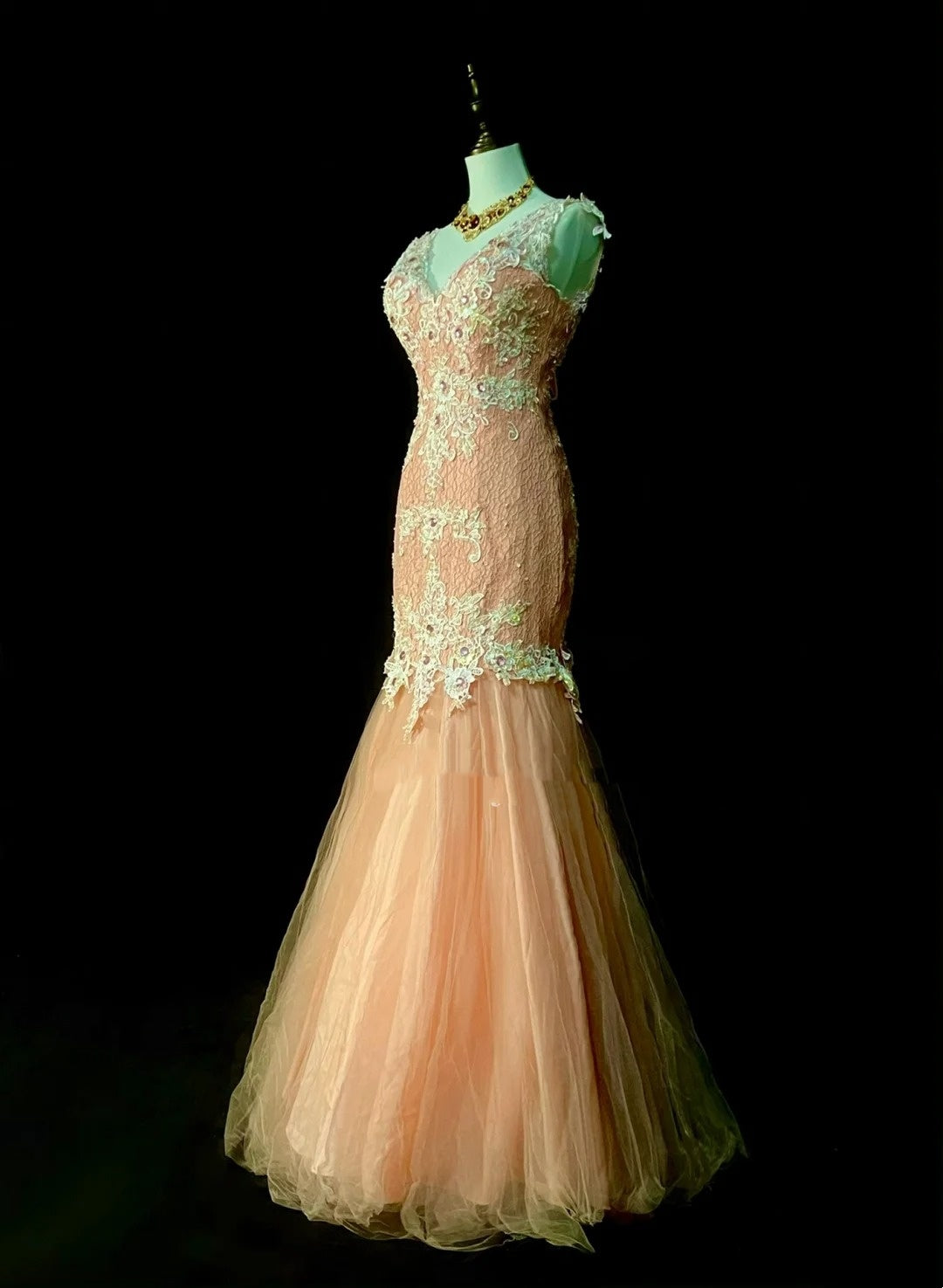 Vintage Mermaid V Neck Pink Tulle With Lace Appliques 2000s Senior Prom Dresses High School Long Formal Dress N1297