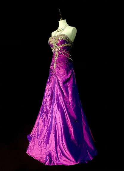 Vintage Mermaid Strapless Grape With Gold Beaded 90s 2000s Senior Prom Dresses High School Long Formal Dress N1299