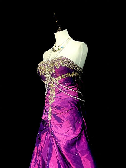 Vintage Mermaid Strapless Grape With Gold Beaded 90s 2000s Senior Prom Dresses High School Long Formal Dress N1299
