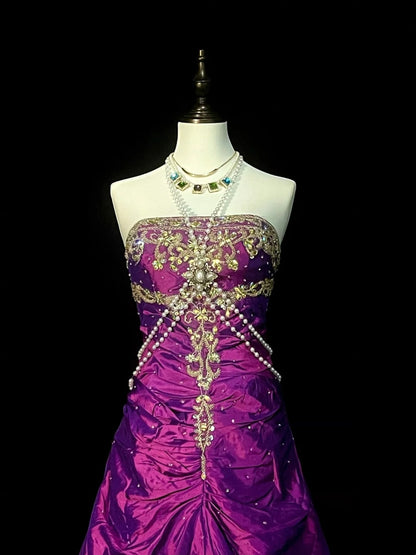 Vintage Mermaid Strapless Grape With Gold Beaded 90s 2000s Senior Prom Dresses High School Long Formal Dress N1299