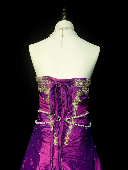 Vintage Mermaid Strapless Grape With Gold Beaded 90s 2000s Senior Prom Dresses High School Long Formal Dress N1299