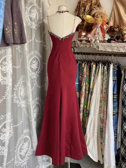Vintage V Neck Lace Burgundy Long Prom Dress Mermaid Evening Party Gown Dance Outfits N535
